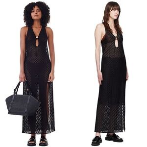 NWT GANNI Sheer Lace V-Neck Gold Butterfly Logo Clasp‎ Sleeveless Maxi Dress L